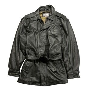 Vintage Wilsons Black 100% Leather Belted Trench Full Zip Coat Jacket Mens Large